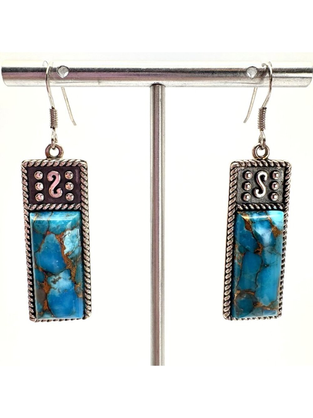 BBJ Turquoise Copper Fleck Rectangle Dangle Earrings 925 Sterling Silver 2" L